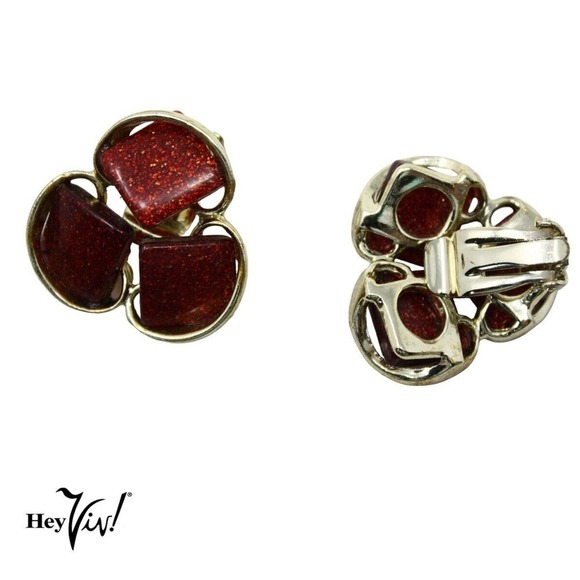 Vintage Red Glitter Thermoplastic Clip On Earrings Round Deco Design - Hey Viv - Picture 2 of 5